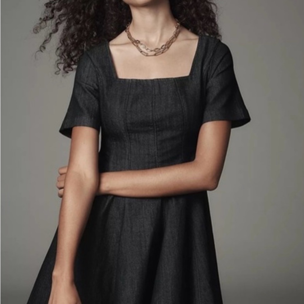 NWT Anthropologie Pilcro Short-Sleeve Square-Neck Denim Mini Dress Medium - Picture 2 of 15